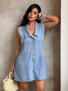 Sunnyshic Bộ áo liền quần denim wash kiểu dáng Y2K thời trang dành cho nữ cỡ lớn - Rửa nhẹ - Xem 5