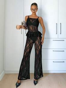 Siren Gaze Women's Contrast Lace Ruffle Hem Camisole And Pants 2 Pieces Set - Black - View 5