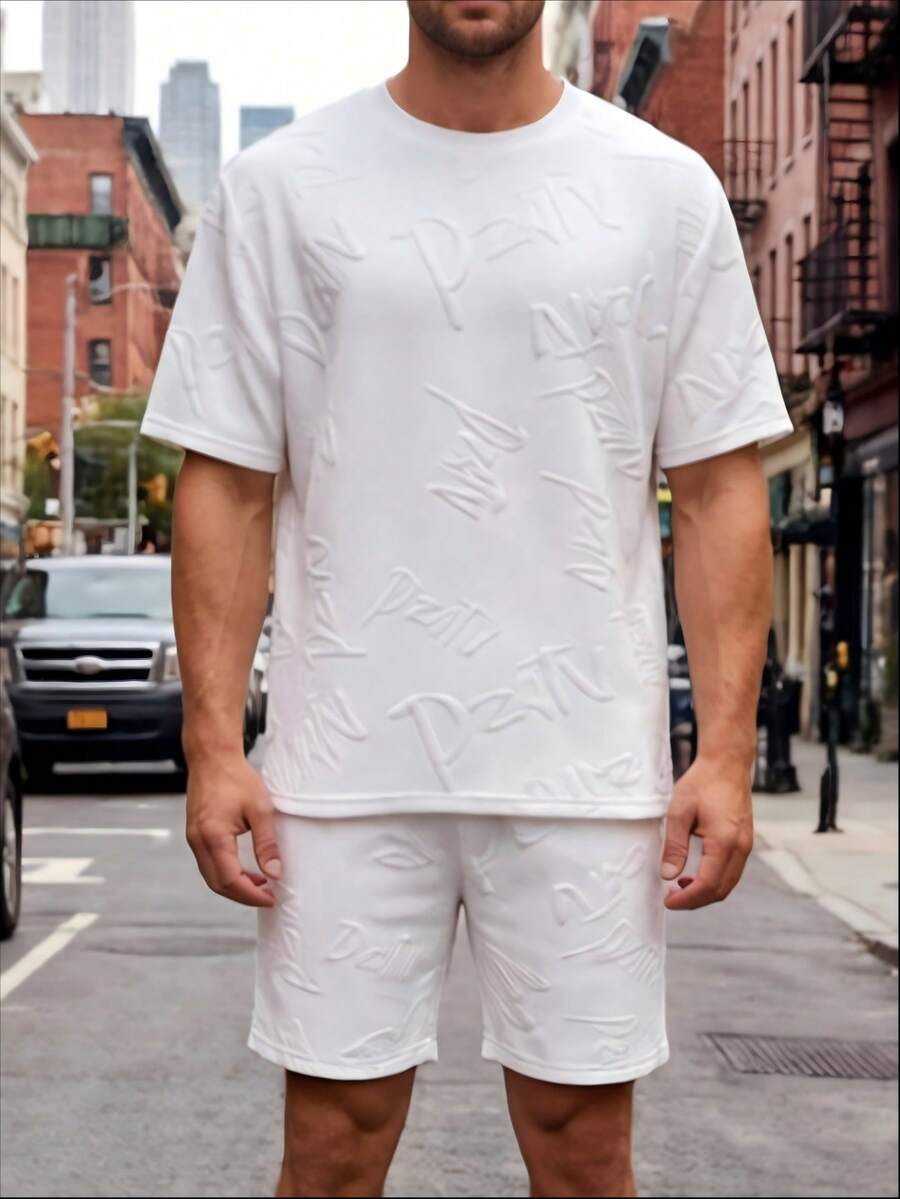 Manfinity Dauomo Men's Letter Embossed Crew Neck Short Sleeve T-Shirt And Shorts Casual Set Vacation Outfits For Men Spring Outfits For Men Men Clothes Two Piece Mens Summer Outfits Casual Outfit For Men Mens 2 Piece Outfit Mens Two Piece Set Mens Co Ord Set Mens 2 Piece Outfits Summer White Graphic Tees Men - White - View 1