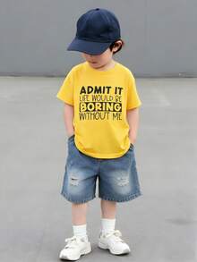 SHEIN Conjunto de 2 peças para menino, composto por camiseta de manga curta e shorts jeans com bordado de urso. Ideal para uso casual, esportes, escola, atividades ao ar livre e verão. - Amarelo - Ver 12