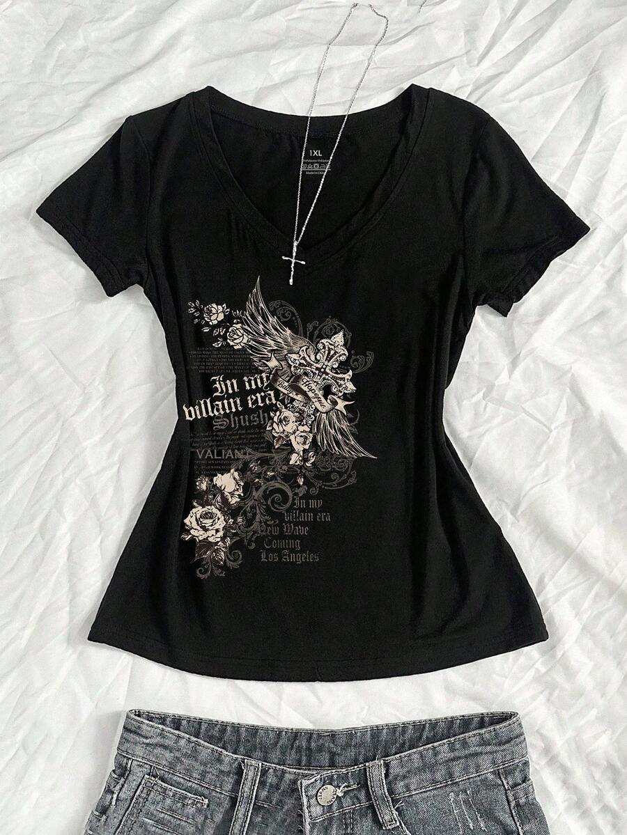 EMERY ROSE 加大码女式夏季V领修身T恤，复古十字花卉朋克亚文化动漫印花，短袖V领 - 黑色 - 查看 1