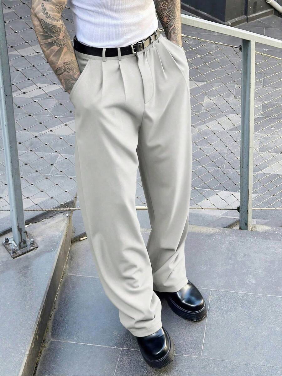 Manfinity Homme Plus Size Men's Suit Pants, Casual Versatile Straight-Leg Trousers For Ceremony, Formal - Beige - View 1