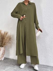 SHEIN LUNE Women's Solid Color Long Sleeve Single-Breasted Long Shirt And Pants Casual 2 Pieces Set - Army Green - View 3