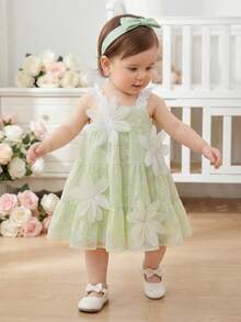 SHEIN Vintaside Kids Baby Girl Cute Bow Strap Dress, Summer - Green - View 10