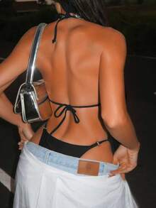 Swim SXY Summer Beach Women's Metal Clasp Halter Neck Bikini Set - Black - View 4