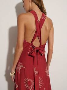 Nöista Women's Vacation Halter Neck Embroidered Crisscross Dress - Red - View 7