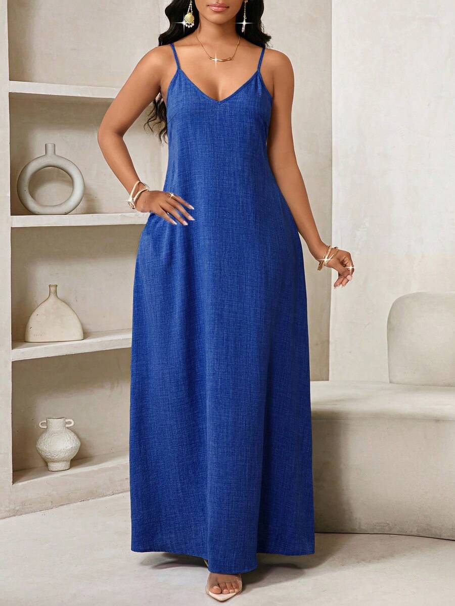 SHEIN Lady Spring And Summer Casual Full Royal Blue Faux Denim Beach Spaghetti Strap Prom Dress Suspender Dress Plus Size Dress Plaid Dress African Dress, Women's Sundress Summer Dress  Spring Outfit Women   Casual Dresses For Women Vacation Outfits Women  Stylish Clothing Collection Royal Blue Maxi Dress - Royal Blue - View 1
