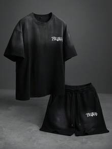 PAVTROS Men's Casual Letter Print Ombre T-Shirt And Shorts Set, Summer - Black - View 9