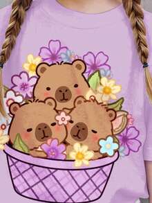 SHEIN Bộ đồ đôi 2 món in hình chuột lang nước tím dễ thương dành cho bé gái, áo thun ngắn tay và quần short, thích hợp cho mùa hè. - Nhiều màu - Xem 3