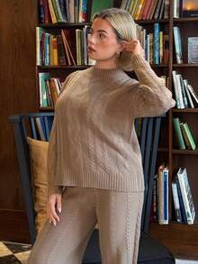 Bethéva 女式卡其色圆领长袖休闲毛衣上衣和裤子两件套，冬季服装 - 卡其色 - 查看 5