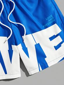 ROMWE MEN Prep 男士字母印花抽绳腰带口袋短裤 - 藍色 - 查看 3