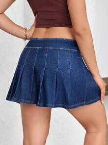 Flexra Women's Pleated Casual Versatile Date & Outing Denim Mini Skirt - Blue - View 2