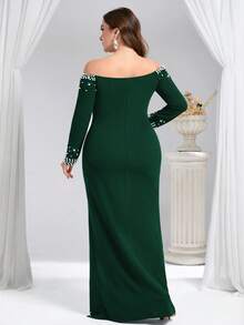 Coutiva Plus Size Solid Color Faux Pearl Off-Shoulder Split Maxi Formal Evening Gown (Heavily Embellished) - Dark Green - View 2