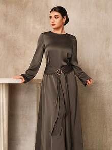 Graceveil 女士纯色圆领长袖腰环设计优雅长连衣裙，配腰带，袖口别针，适合女士穿着，优雅现代，适合正式场合。 - 棕色 - 查看 1