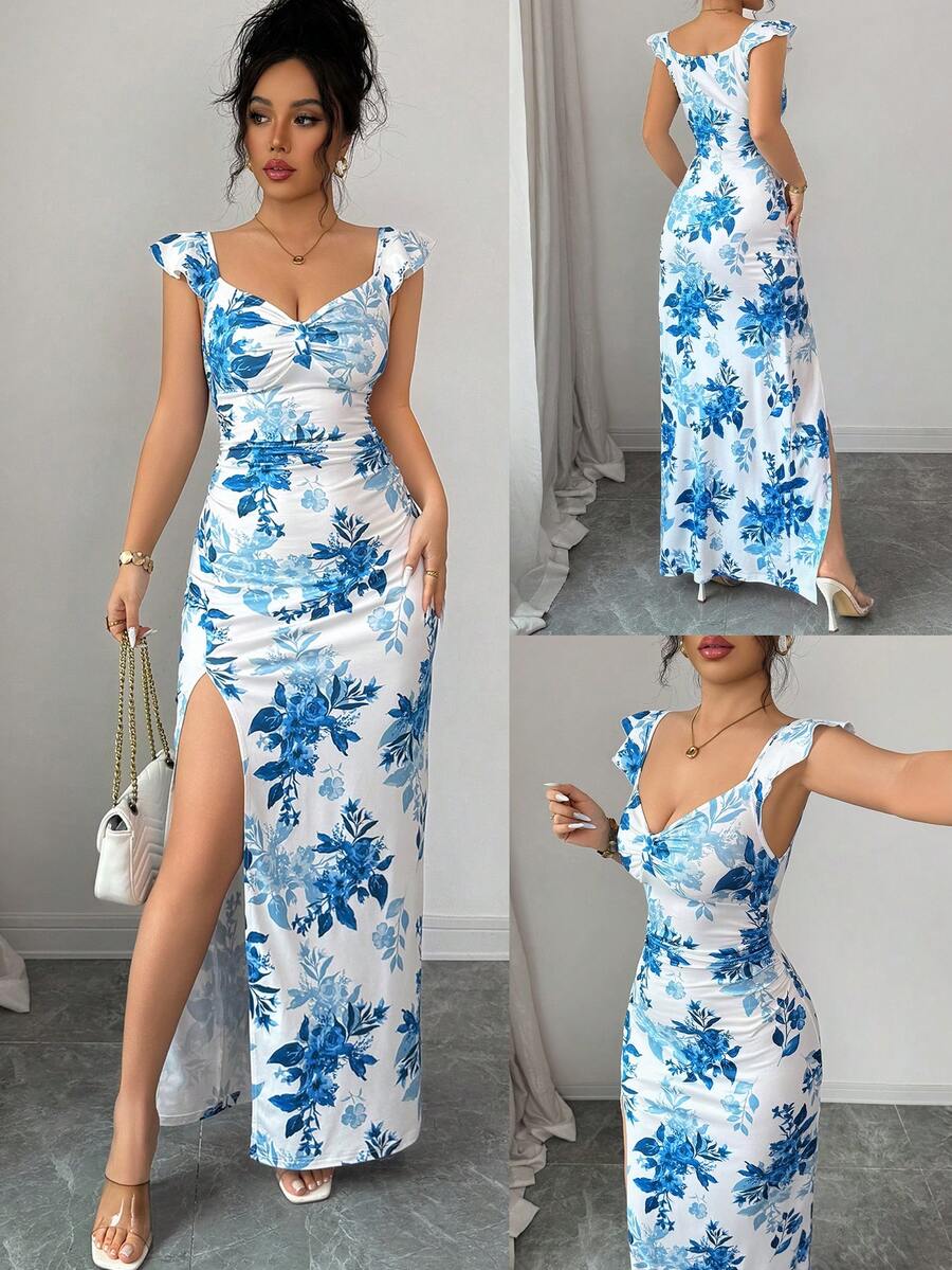 Arcane Artistry 新款夏季优雅短袖V领开衩连衣裙，夏威夷海滩风修身长裙，适合旅行、度假、约会、派对等场合。 - 彩色 - 查看 1
