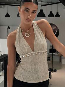 Firerie Women's Vacation Casual Pendant Decor Backless Halter Top Deep V Neck Top - Apricot - View 2