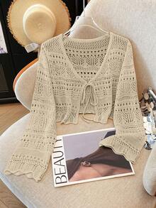Franclia Áo khoác cardigan mỏng nhẹ, màu trơn, chất liệu ren móc rỗng, kiểu dáng đa năng dành cho nữ. - Lạc đà - Xem 7