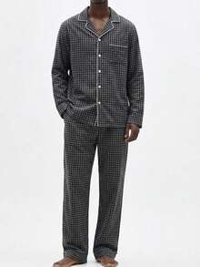 Velminro Men's Plaid Casual Pajama Set, Long Sleeve Top And Pants - Black - View 3