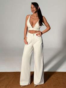 SHEIN Women's Deep V-Neck Cropped Camisole And Wide Leg Pants Sexy Set - Medium Wash - View 3
