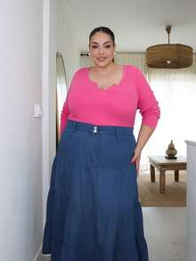 Pretty and Ole Plus Size Casual Washed Multi-Layer Denim Skirt - Blue - View 4