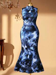 Rometta 法式优雅碎花高领无袖连衣裙，2025新款高腰显瘦优雅连衣裙，收腰碎花长裙，显瘦度假风休闲长裙，荷叶边下摆显瘦长款A字碎花连衣裙，法式度假连衣裙，夏季新款度假风收腰长裙，针织碎花连衣裙 - 藏蓝色 - 查看 3