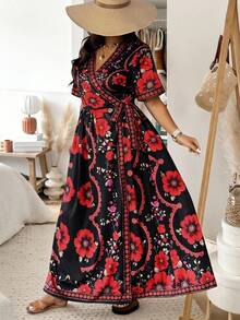Vionelle Plus Size Women's New Elegant Spring/Summer Vacation Dress, Cardigan With Tie Belt, Digital Floral Print Maxi Dress, Loose Flowy Casual Short Sleeve Dress, Suitable For Outerwear, Vacation, Travel, Bohemian Style Elegant Plus Size Red Floral Print Long Boho Wrap Dress With V Neck Short Batwing Sleeves For Women, - Red - View 7