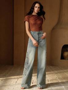 Anewsta Women's Fashionable Sexy Hollow-Out Embroidered Mother's Day Blue Straight-Leg Jeans, Spring/Summer - Blue - View 4