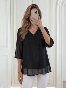 Medorina Women's Solid Color V-Neck Mesh 3/4 Sleeve Loose Blouse Casual Spring Summer - Black - View 5