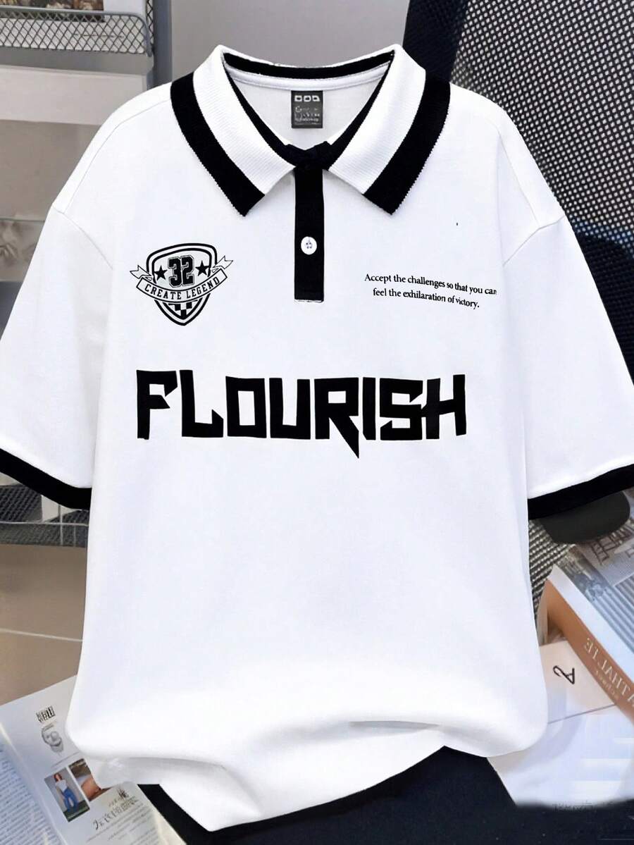 SHEIN 青少年男童撞色罗纹领简约撞色字母POLO衫,休闲、校园、舒适、时尚、百搭、面料柔软,适合日常穿着、上学、郊游、户外运动、度假、春夏穿着。 - 黑與白 - 查看 1