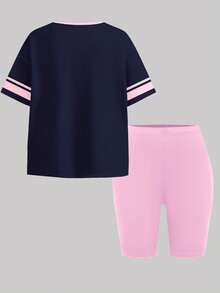 Conjunto de 2 piezas de camiseta de manga corta de cuello redondo y pantalones cortos tipo ciclista en contraste de color azul marino y rosa neón para niñas preadolescentes, adecuado para uso diario en primavera/verano, estilo callejero, salidas, vacaciones, regreso a clases, atuendo retro para niñas de 8 a 12 años - Multicolor - Ver 2