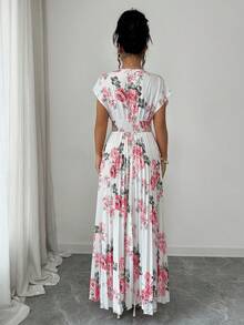 Elenzga Đầm chữ A xếp ly in hoa, cổ chữ V, tay cánh dơi, eo thon, thanh lịch dành cho nữ, thích hợp cho mùa xuân/hè. - Nhiều màu - Xem 2