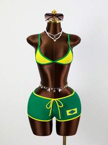 Zestiva 女士休闲度假沙滩派对优雅性感丁字比基尼三件套泳装，夏季返校运动风新款女士泳装套装比基尼套装度假沙滩套装女士三件套泳装牙买加泳装巴西套装两件套巴西套装女士泳衣套装Y2k泳衣女士泳装女士两件套泳衣巴西泳装两件套泳衣 - 彩色 - 查看 4