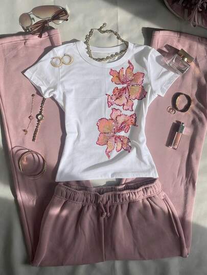 Glimmora Women's Floral Print Sequin Patchwork Round Neck Short Sleeve Cropped T-Shirt