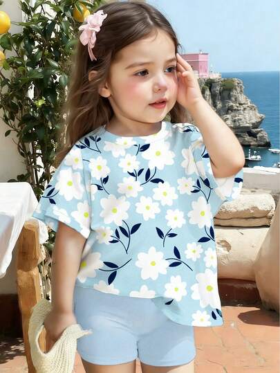 Spring And Summer 2-Piece Set: Casual Floral Print Short T-Shirt And Bike Shorts, Comfortable Daily Wear For Baby Girls