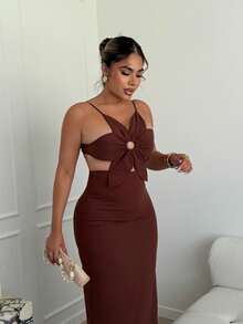 Maria Perezxox Robe d'été à bretelles dos nu avec pétales, style floral 3D, tenue de vacances pour femme, tenues de plage, robes d'été pour femmes - Tabac - Voir 6