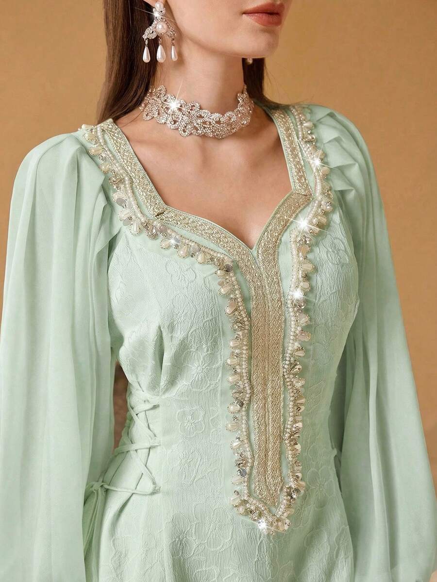 SHEIN Najma Đầm thời trang cổ điển lãng mạn tay phồng họa tiết hoa, thắt eo dành cho nữ - Màu xanh Bạc hà - Xem 1