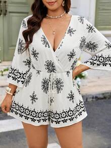 Breezaya Damen Große Größen Gewebter Regulärer Sommer Casual Urlaub Tiefer V-Ausschnitt 3/4 Ärmel Taillengegürteter Quasten Schwarz & Weiß Bedruckter Jumpsuit - Verschiedenfarbig - Übersicht 7