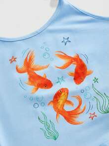 ROMWE Top halter con estampado de peces dorados y graffiti para mujeres, estilo Y2K y cute baddie para vacaciones en la isla - Celeste - Ver 3