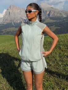 Muchica 女士拉链外套和短裤休闲运动套装，撞色设计 - 彩色 - 查看 2