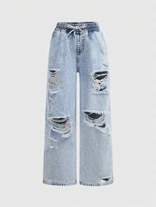 SHEIN 少女时尚休闲 Y2K 复古酷炫街头夏季休闲抽绳腰阔腿牛仔裤，带贴袋，夏季日常穿着最佳，春夏至夏季锐舞音乐节和街头服饰新款 SS26 时尚少女破洞牛仔阔腿牛仔裤 - 藍色 - 查看 6