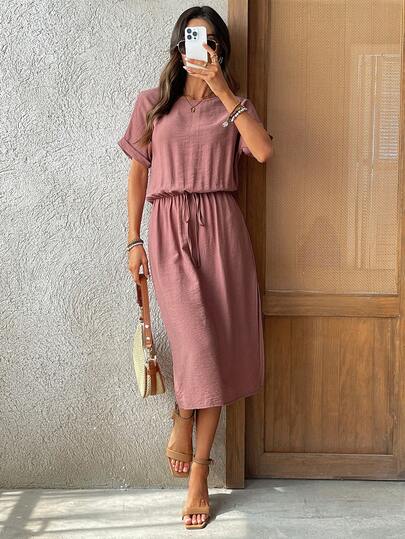 EMERY ROSE Đầm midi tay ngắn cổ tròn ôm dáng, thích hợp cho kỳ nghỉ hè, mặc thường ngày hoặc đi làm.