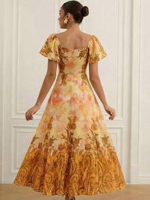 Aveloria Rosie 花卉印花竹节结领短袖收腰喇叭下摆优雅度假百搭女装 - 橘色 - 查看 2