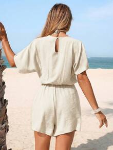 Swim Lushoire 女士V领连体裤，蝙蝠袖设计，收腰短裤，优雅得体的海滩度假装 - 米色 - 查看 2