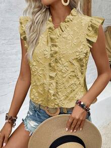 SHEIN LUNE Casual Vacation & Daily Wear Ruffle Sleeve Bow Tie Printed Apricot Blouse For Women - Ginger - View 3