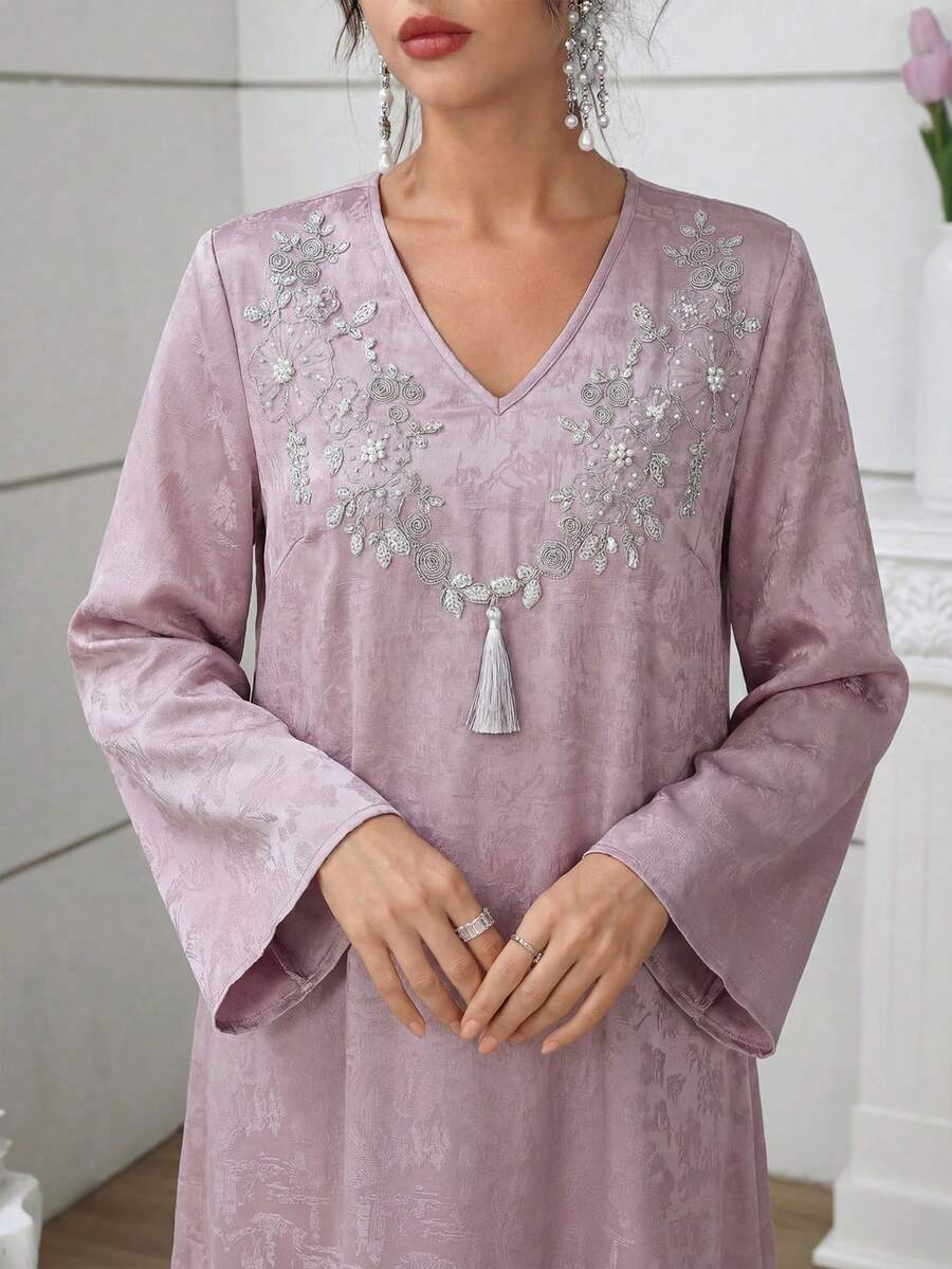 Al Najma Đầm maxi dài tay sang trọng thêu và đính cườm, phong cách truyền thống Thổ Nhĩ Kỳ và Ả Rập. - Màu tím - Xem 1