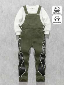 男童无袖时尚火焰图案黑色牛仔背带裤 - 軍綠色 - 查看 6