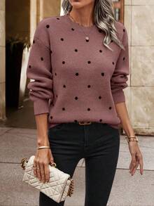 EURMUSE Women's Polka Dot Pattern Round Neck Drop Shoulder Long Sleeve Casual Loose Sweater,Jumper,Cream Jumper,Jumpers,Black Jumper,Women's Jumper,White Jumper,Women's Jumper,Women's Jumpers,Winter Clothes - Dusty Pink - View 4
