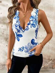 SHEIN Clasi Floral Print Scallop Neck Women T-Shirt - Blue - View 4
