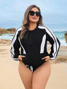 Swim SPRTY 大尺碼女款泳裝外罩衫，長袖拉鍊式罩衫，海灘度假運動街頭風嬉皮泳池休閒穿搭，夏季黑色 - 黑與白 - 查看 7