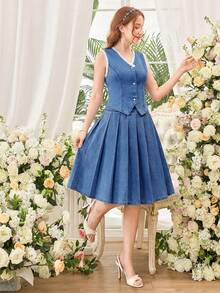 2件套蓝色牛仔无袖背心和百褶迷你裙，适合少女穿着 - 中等水洗藍 - 查看 4